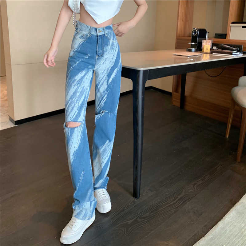 Yedinas 90s Egirl Tiedye Blue Jeans Color Painting Pattern Women Straight Chic Bf Denim Pants Full Length Hole Trousers 210527