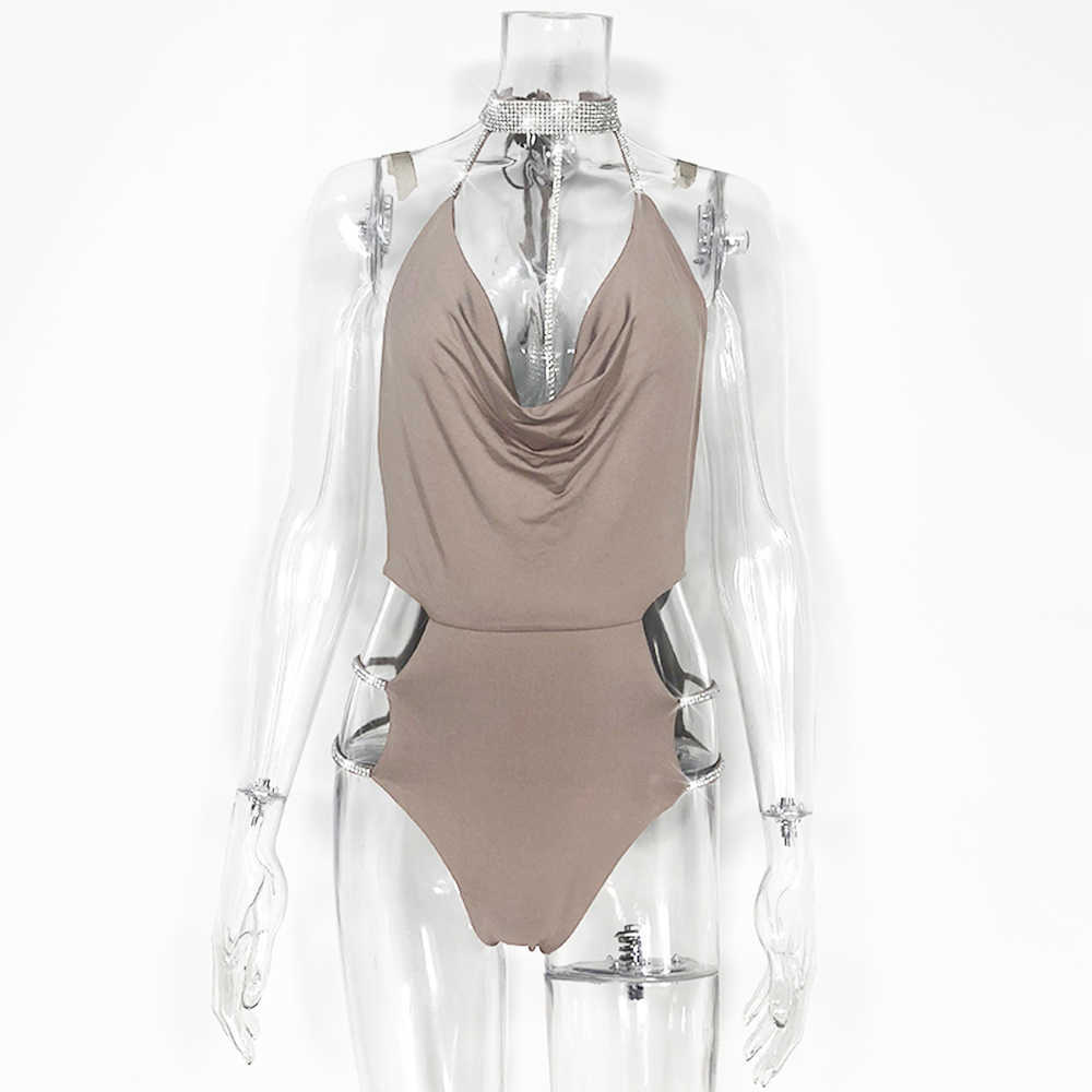 Colysmo Diamond Bodysuits Women Halter Backless Sexy Romper Summer Side Hollow Out Party Club Wear Black Bodysuit 210527