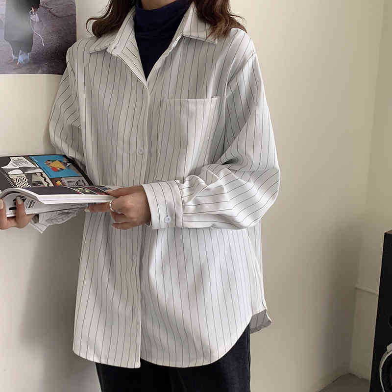Spring Autumn OL Formal Elegant Minimalist Lapel Striped Shirt Women Blouses Work Long Sleeve Loose Tops Female 210421