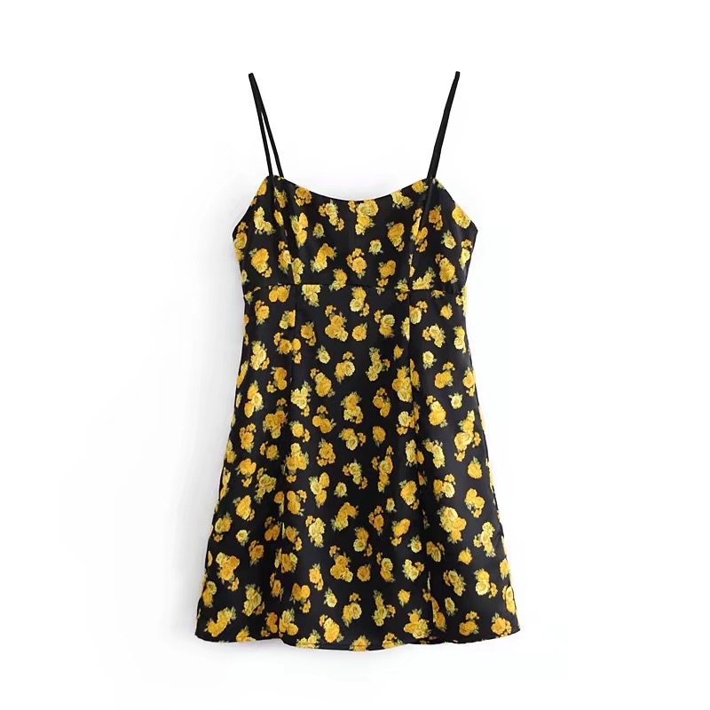Women Sexy French Daisy Flower Spaghetti Strap Mini Dress Lady Slim fit Back Zipper Bodycon Sling Party 210429