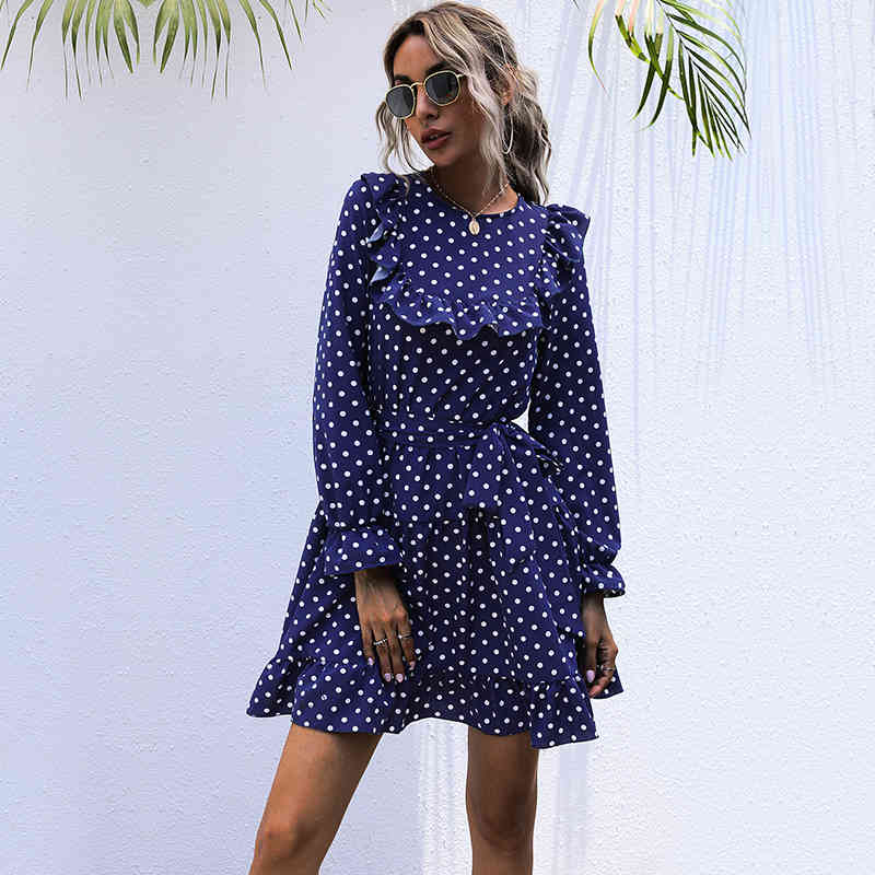 Vintage Dot Print Dress Women Casual O Neck High Waist Slim Ruffles Autumn Winter Dress For Women New Fashion 210415