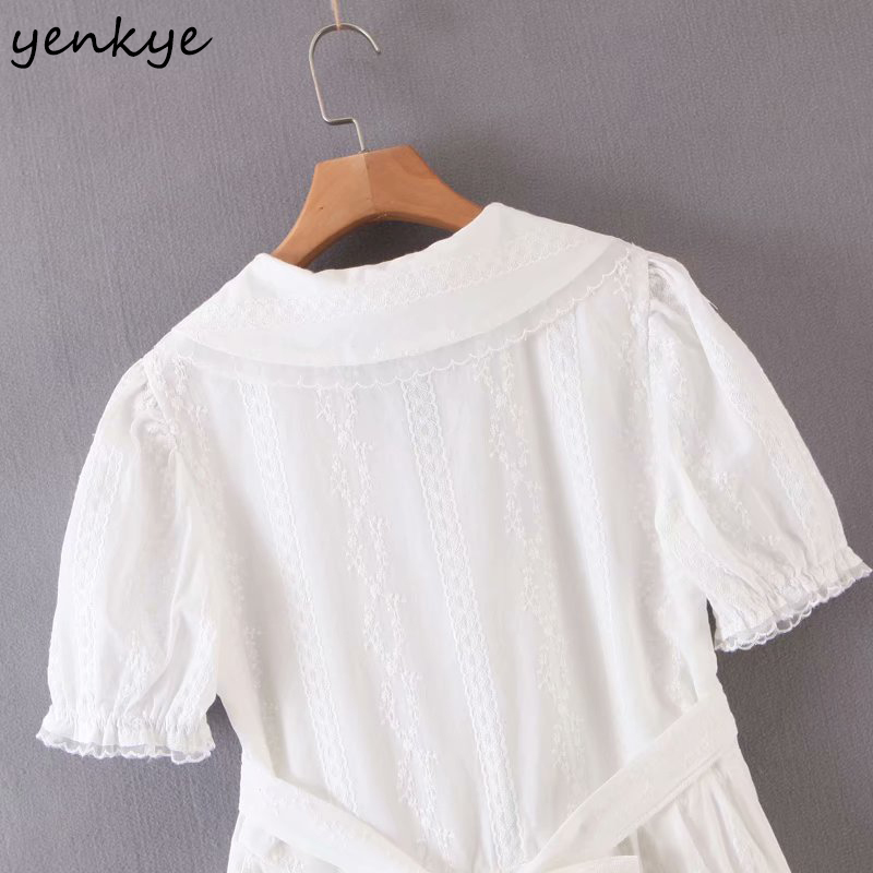 YENKYE Summer Dress Sweet Women Sexy Lace Trims White Dress Female Peter Pan Collar Short Sleeve Sashes A-line Mini Vestido 210515