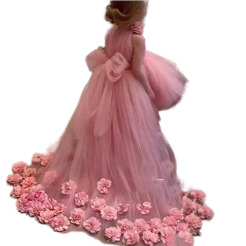 Cute Pink High Low Flower Girls Dresses Short Front Detachable Skirts Kids High Neck Wedding Party Gowns Prom Pageant Dress 3d Floral Appliques Brithd