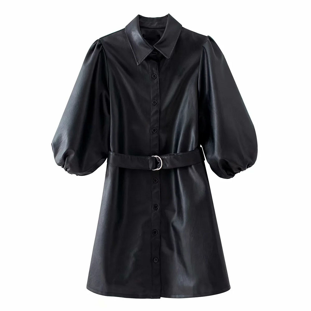 Women Spring Chic Belt Leather Mini Dress Female Buttons Turn-down Collar Dresses Ladies Casual Streetwear Outfit 210520