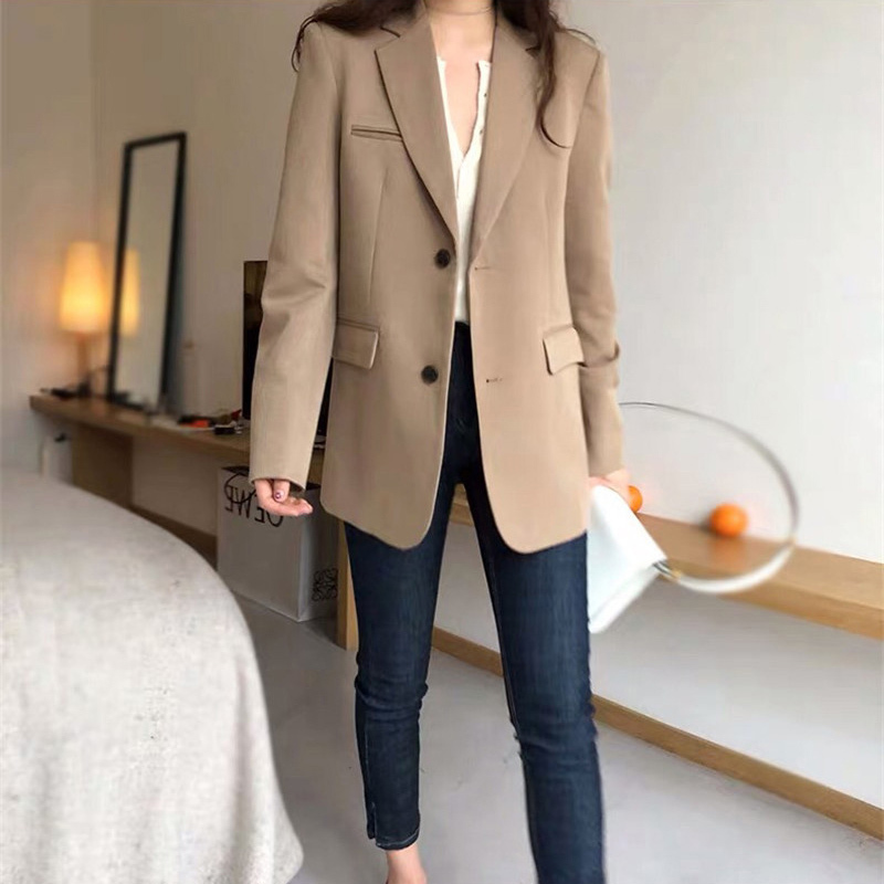 Aelegantmis Spring New Fashion Blazer Jacket Women Casual Pockets Long Sleeve Work Suit Coat Office Lady Solid Slim Blazers 210330