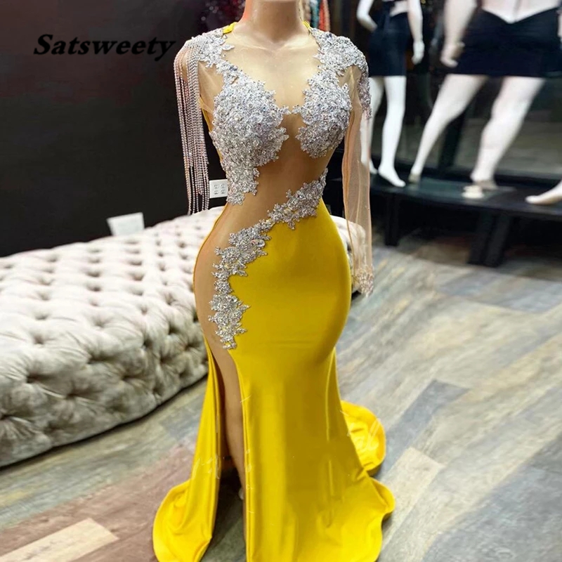 Sexy Evening Dress O-Neck Appliques Lace Beaded One Sleeves Side Split Yellow Mermaid Prom Dresses Formal Party Gowns, Champagne
Sexy Evening Dress O-Neck Appliques Lace Beaded One Sleeves Side Split Yellow Mermaid Prom Dresses Formal Party Gowns, Champagne