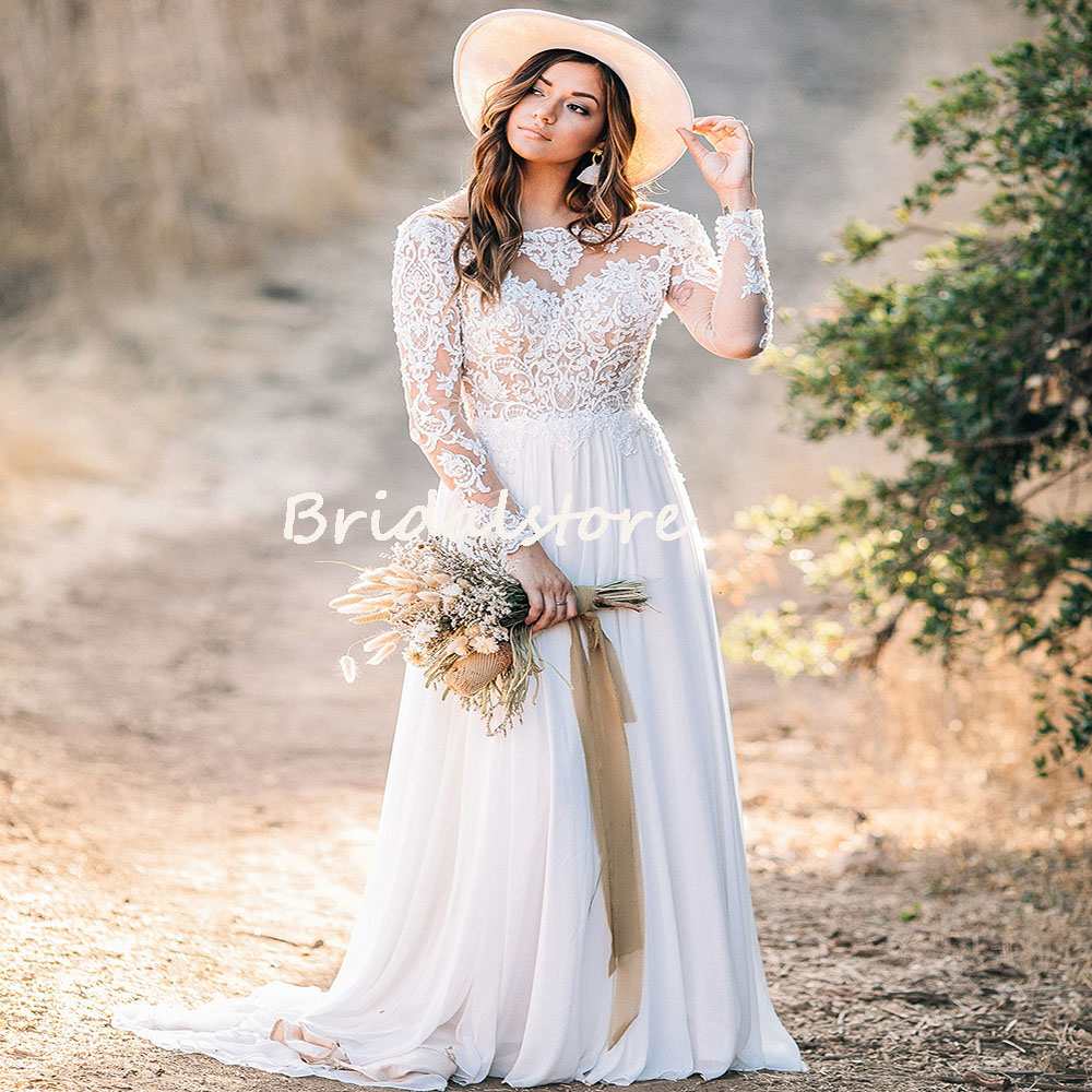 White Chiffon Country Wedding Dress With Lace Long Sleeve Plus Size Boho Wedding Dresses Jewel Neckling Women Bridal Gowns Robe De Mariée Beach Bohemi