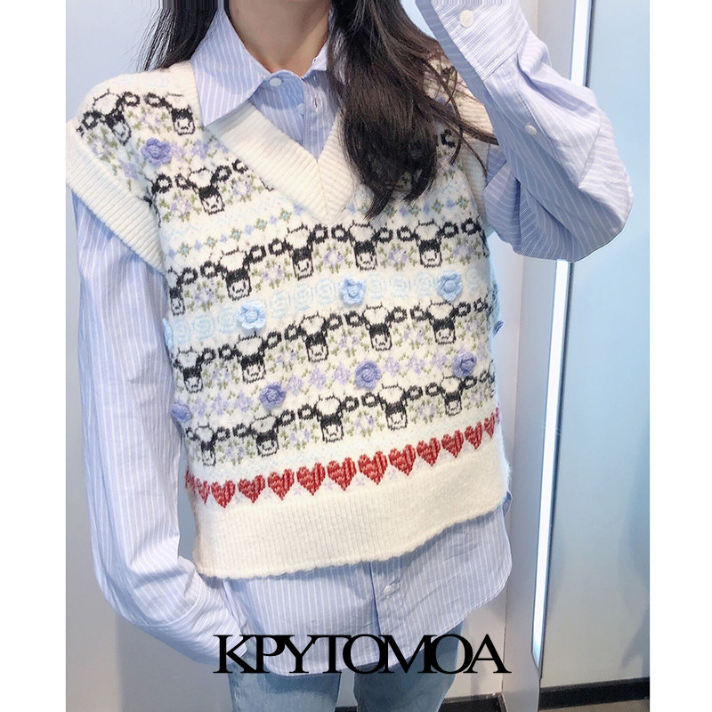 Women Fashion Floral Jacquard Loose Knitted Vest Sweater V Neck Sleeveless Female Waistcoat Chic Tops 210420