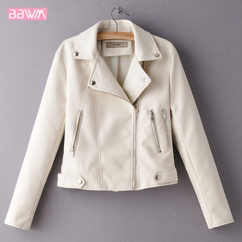 PU Beige Long-sleeved Lapel Simple Basic Locomotive Women's Jacket Autumn Slim Zipper Chic Female Coat Red Black Top 210507