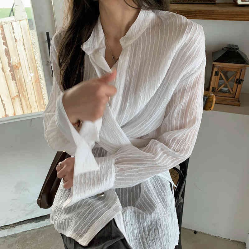 Minimalist Cross Waist Stripe Chiffon Blouse Women's Spring Laple Loose Long Sleeve Shirt Female Tide 5C394 210427