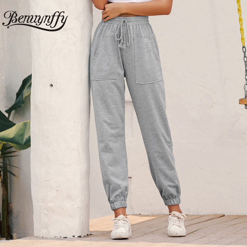 Pockets Grey Drawstring Waist Sweatpants Women Autumn Streetwear Casual Korean High Ladies Knitted Sports Pants 210510