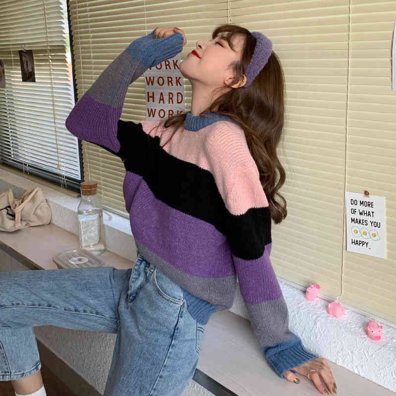 2Colors Autumn Winter Women Pullovers And Sweaters Jumper preppy style stripe thick Warm Female knitted Sweater (C8646) 210423