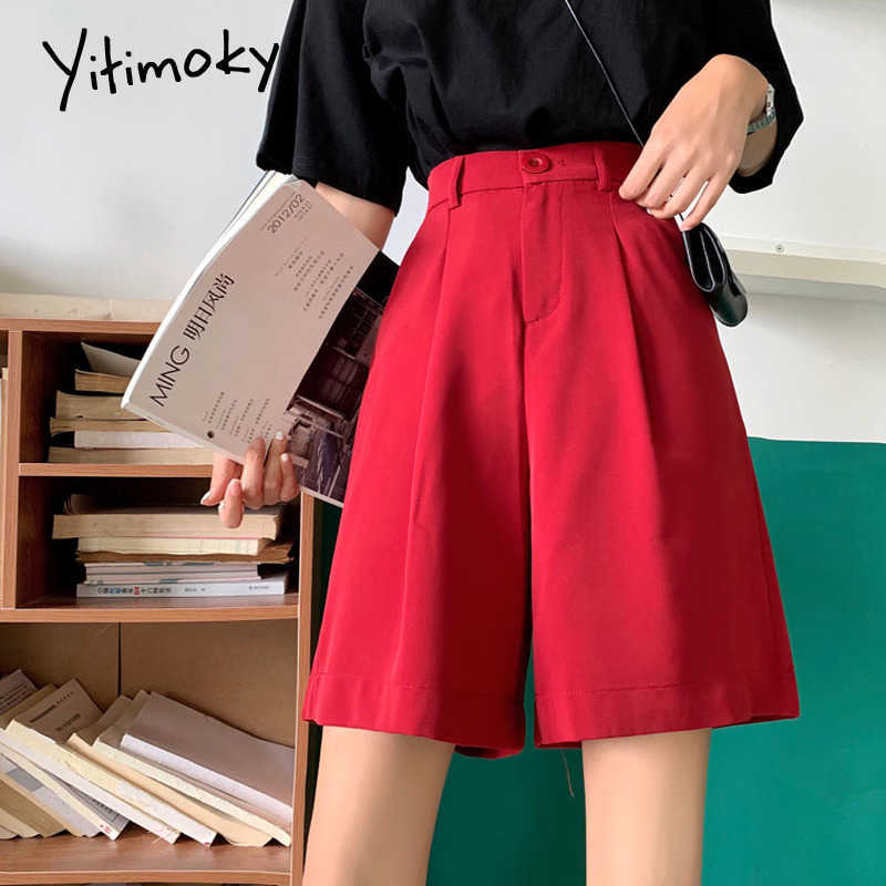 red shorts women loose high waist wide leg Solid harajuku plus size Straight summer korean fashion black elastic 210714