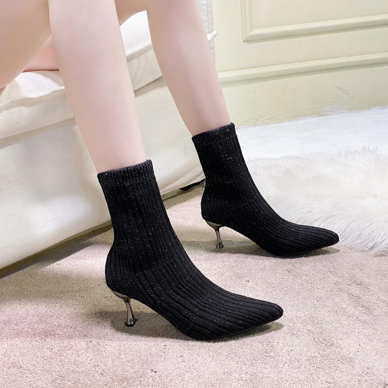 Boots 2021 Metal Color 7cm Square Heels Socks Women Stretch Fabric Elastic Pointed Toe Shoes Ankle Boot Woman