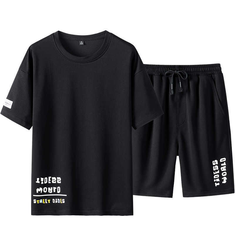 Summer 2PC Men Casual Tracksuits Set Short Sleeve T Shirts Gym Running Sweat Suit Male Sportswear Letter Print Short Sport Sets 210603