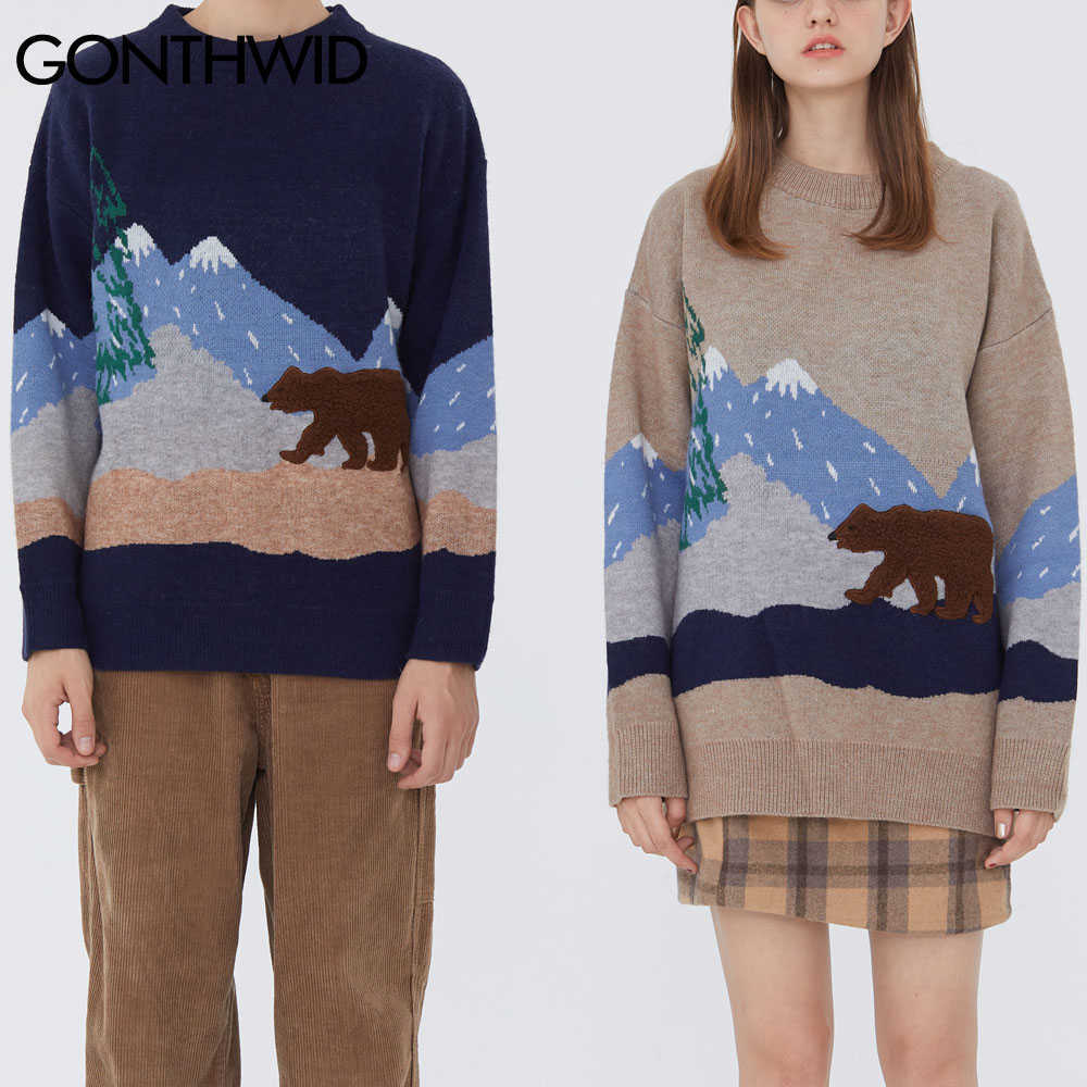 GONTHWID Snow Mountain Bear Patchwork Knitted Jumper Sweaters Streetwear Mens Hip Hop Harajuku Casual Knitwear Fashion Knit Tops 211008
