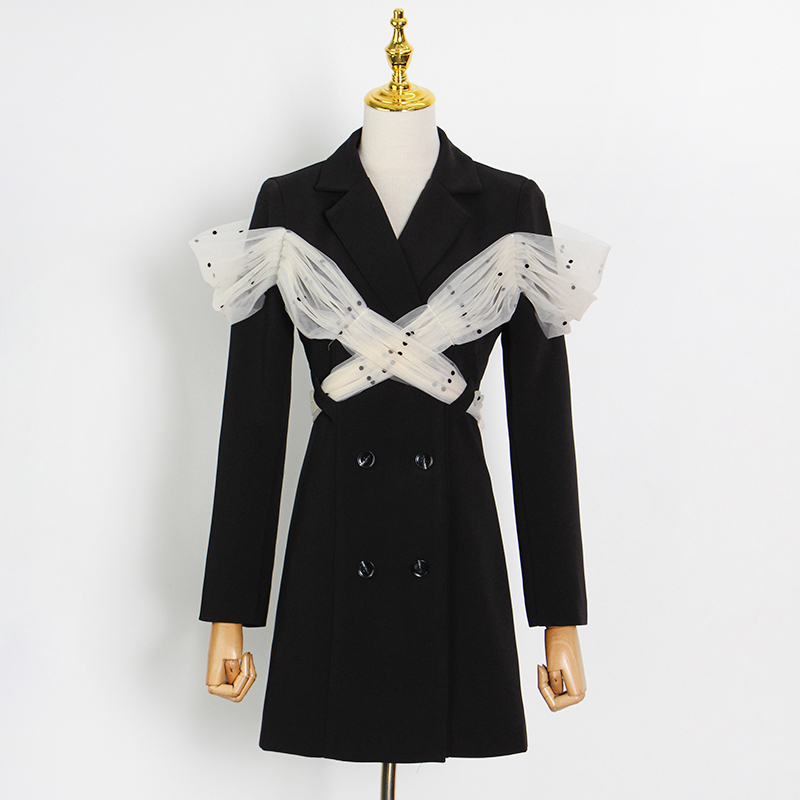 VGH Temperament Patchwork Lace Dress For Women Notched Long Sleeve High Waist Hollow Out Korean Dresses Female Fashion New Tide 210421