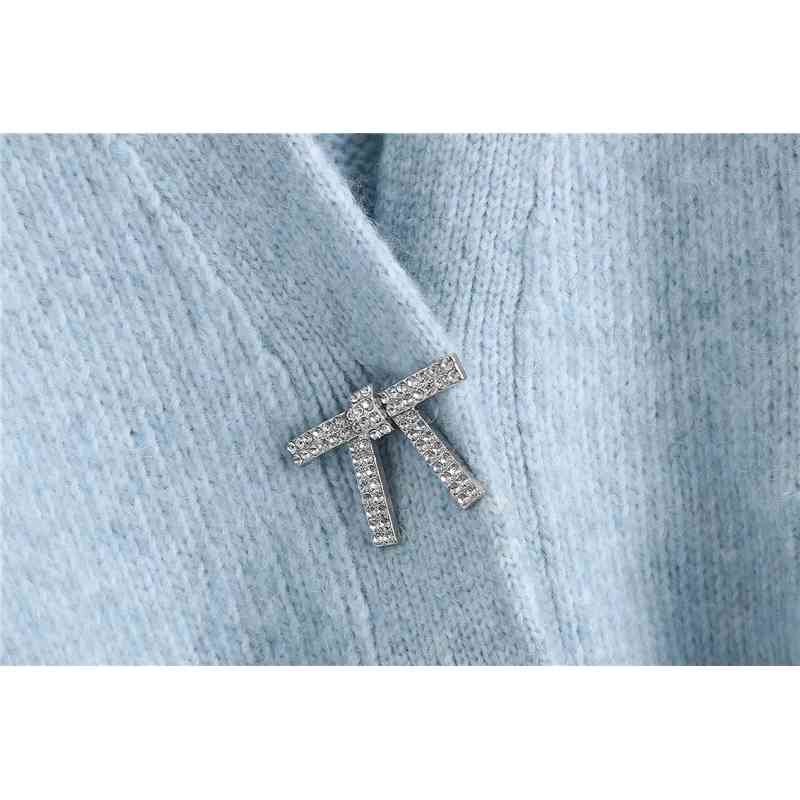Sweet Women Sky Blue Sweater Fashion Ladies Diamonds Button Coats Elegant Female Chic Knitted Puff Sleeve Cardigan 210430