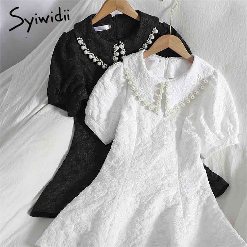 Fashion High Waist Dresses Women Puff Sleeve Embroidered Flares Turn-down Collar A-line Solid White Clothes Summer 210607
Fashion High Waist Dresses Women Puff Sleeve Embroidered Flares Turn-down Collar A-line Solid White Clothes Summer 210607