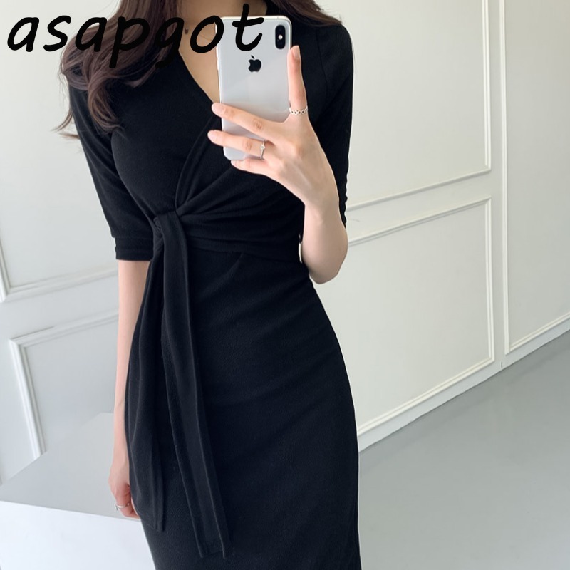 Korean Chic Gentle Elegant Slim V Neck Cross Side Lace Up Waist Bodycon Short Sleeve Knitted Dress Women Wrap Hip Vestido 210429