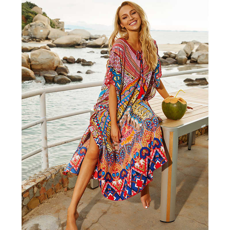 Quick-drying Bohemian Printed Loose Summer Beach Dress Moroccan Kaftan Women Plus Size Beachwear Tassel Midi Q897 210623