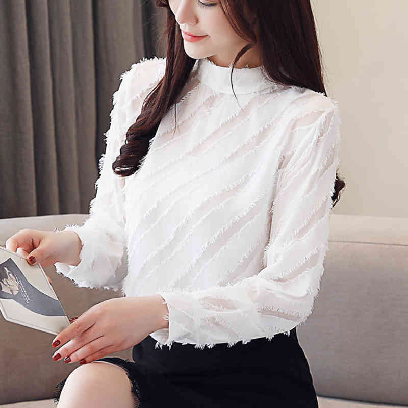 Fashion Autumn Chiffon Women Blouses Solid White Tops Long Sleeve Standing Collar Elegant Clothing 5588 50 210427
