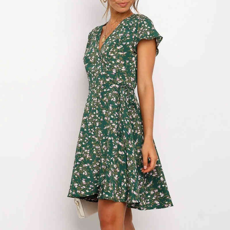 Women V Neck Floral Print Dress Summer Casual Short Sleeve Mini Beach Dress Bandage Wrap Dresses Sundress Vestidos Mujer 210414
