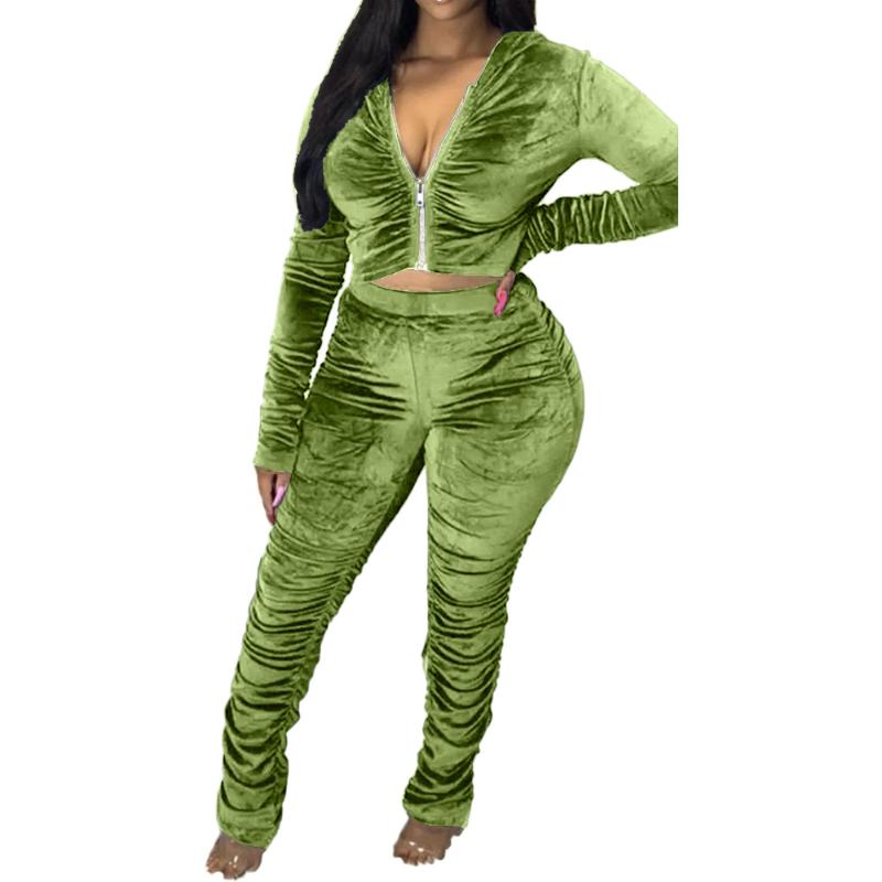 Women's Tracksuits 2021 Autumn Velvet Stacked Set Zipper Hoodies Ruched Pants Sport Tracksuit Two Piece Outfit Active Sweatsuit