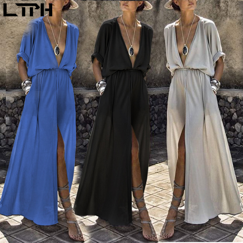 special sale Lace Dress elegant Polyester European American dresses Explosions Deep V Mid-sleeve Split Long Sexy Women 210427