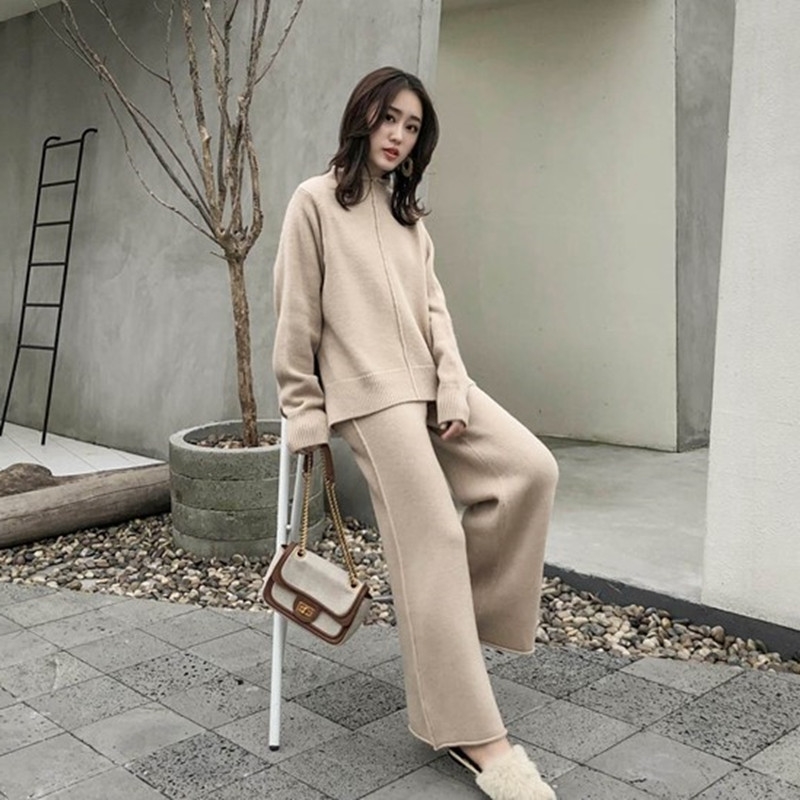 Autumn Winter Two Piece Set Women Knitted Suit Loose Solid Sweater +High Waist Wide Legs Pants Tracksuit Trousers 210520