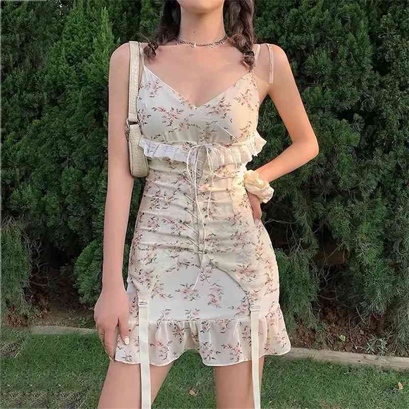 Foridol Lace Spliced Floral Print Bodycon Mini Dress Women Strappy Summer Boho Sundress Lace Up Vintage Sleeveless Dress Vestido 210415