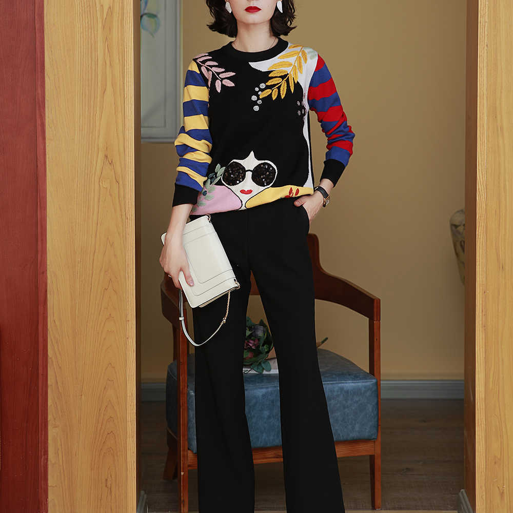 Winter Contrast Striped Sleeve Embroidery Leaves Beaded Sequins Sunglasses Girls Knit Sweater C-177 211018