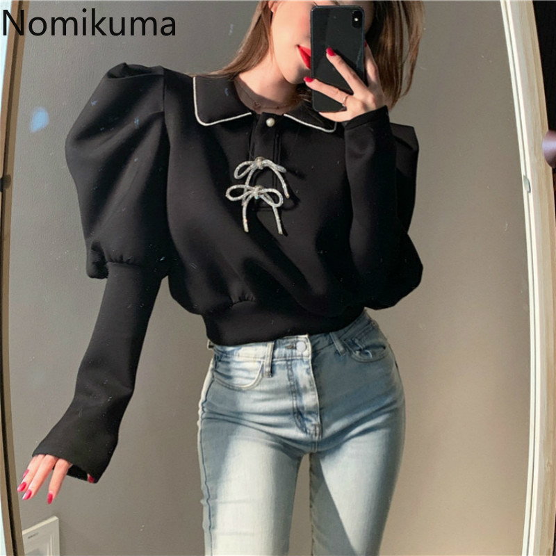 Nomikuma Korean Puff Sleeve Women Blouse Elegant Turn-down Collar Top Blusa Femme Spring New Blingbling Bowknot Shirt 6E186 210427