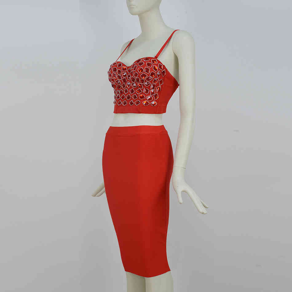 Free Women Bandage Skirt Set Sexy Spaghetti Strap Beaded Tank Top & High Waist Two-piece Club Party 210524