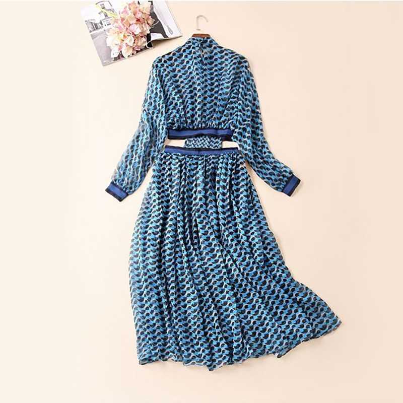 TWOTWINSTYLE Summer Print Dress For Women Stand Collar Long Sleeve High Waist Hollow Out Midi Dresses Female Fashion 210630