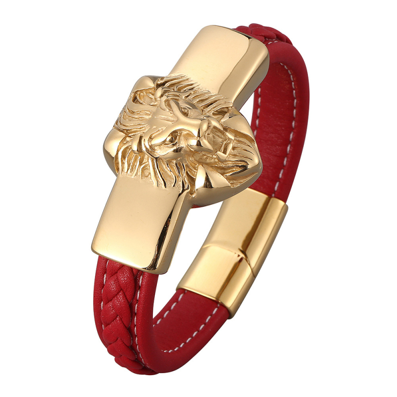 Hip Hop Men Jewelry Gold Plated Stainless Steel Lion Head Charm Leather Bracelet with Buckle