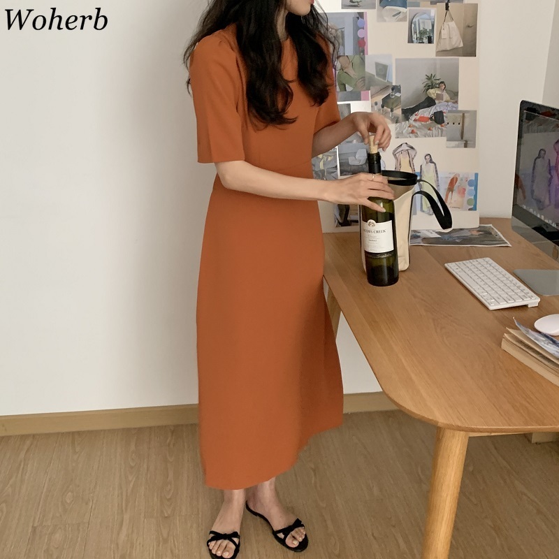 Gentle Girls Solid Summer Chic Minimalist O-Neck All Match Fashion Long Dresses Retro Cute Femme Robe Vestidos 210519