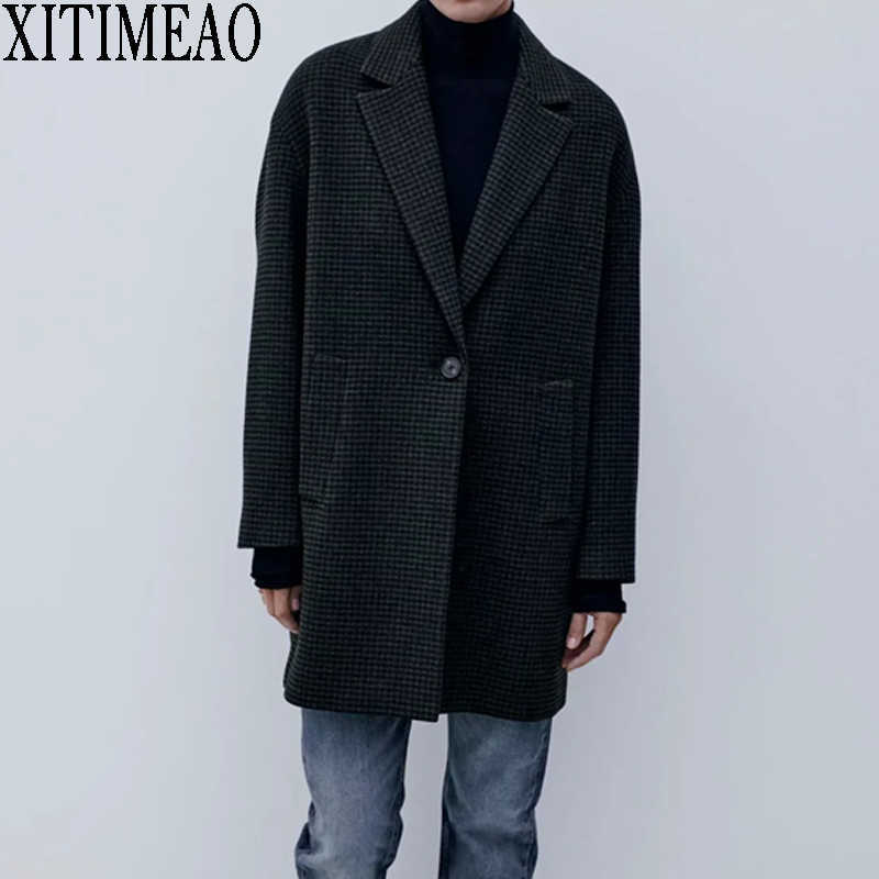 ZA Woolen Coat Long Sleeve Women Warm Winter Thick One button loose Outwear Jacket Small Plaid Overcoat 210604, Black grey
ZA Woolen Coat Long Sleeve Women Warm Winter Thick One button loose Outwear Jacket Small Plaid Overcoat 210604, Black grey