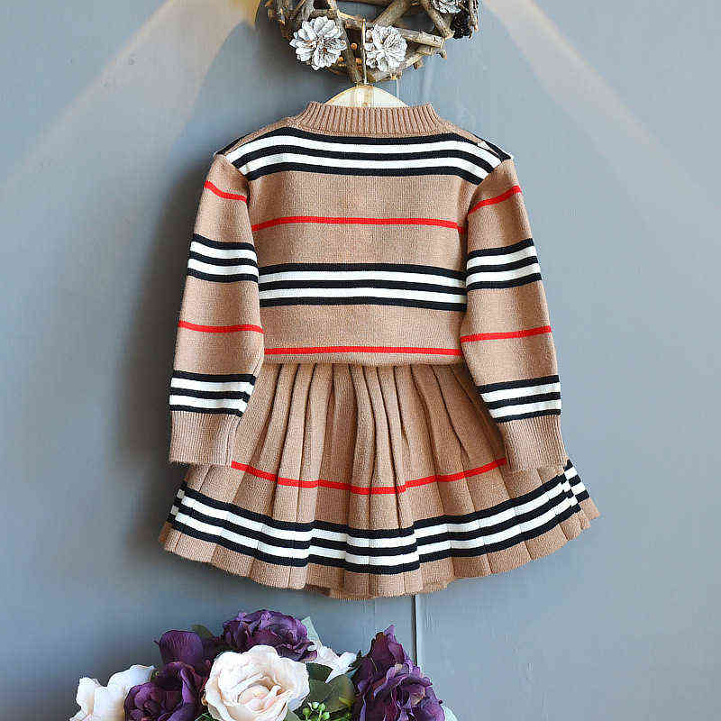 Baby Knitted Children'S Clothing Spring Autumn New Bow Girls' Pullover Sweater + Short Skirt Suit Children'S Retro Sweater Sets Y220310