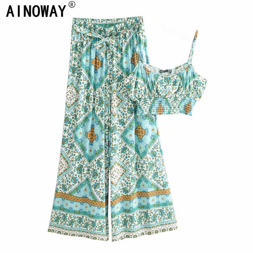 Vintage chic Women two piece outfits strap Sleeveless tops Bohemian sashes pants 2 pieces rayon cotton Boho sets 211105