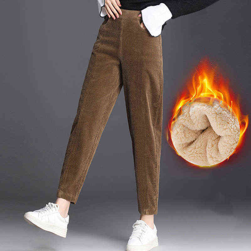 Plush Thick Casual Pant's Corduroy Warm Autumn And Winter High Waist Harem Trouser 211124Z
