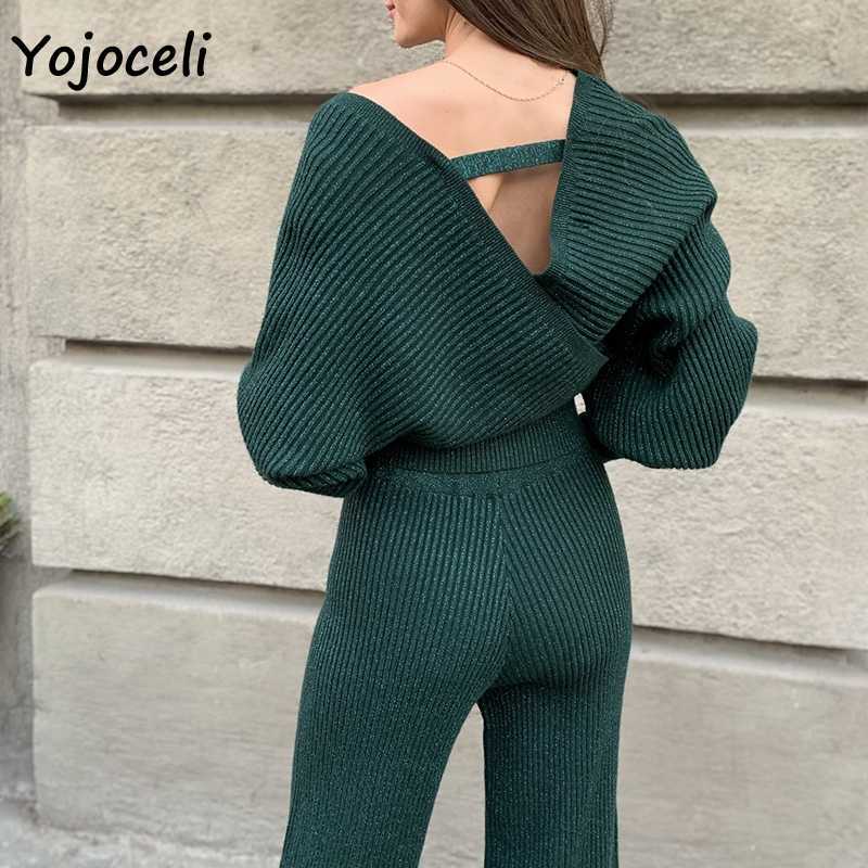 Yojoceli autumn winter sweater pants set women warm 2 pieces knit sets 210609