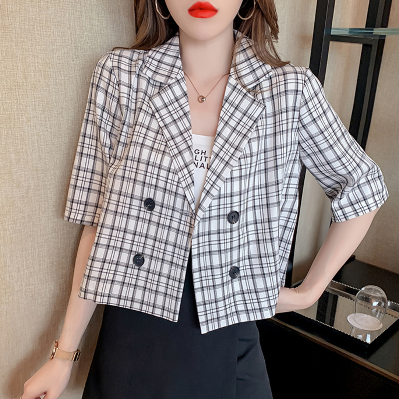 Korean Vintage High Waist Plaid short Blazers Women Summer Short Sleeve Blazer Thin Double Breasted Cropped Coats Tops 210515