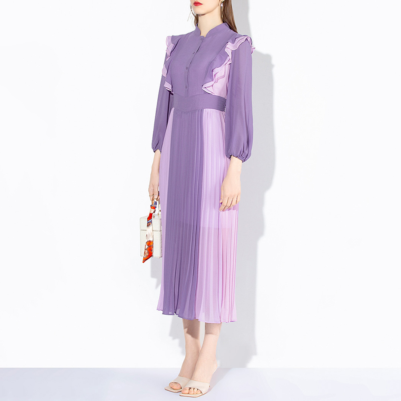 VGH Purple Elegant Dress For Women Stand Collar Lantern Long Sleeve High Waist Midi Pleated Dresses Female Korean Spring Fashion 210421