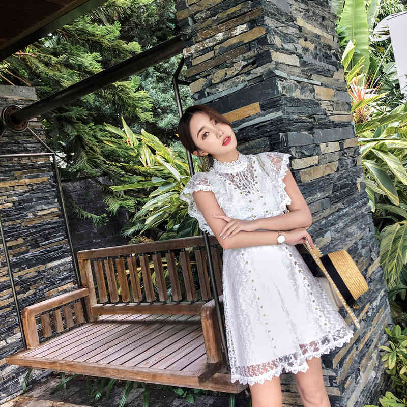 Summer Women Sexy Embroidery Hollow Out White Lace Dress Ladies High Waist Short Sleeve Dress Elegant Party Vestidos 210518