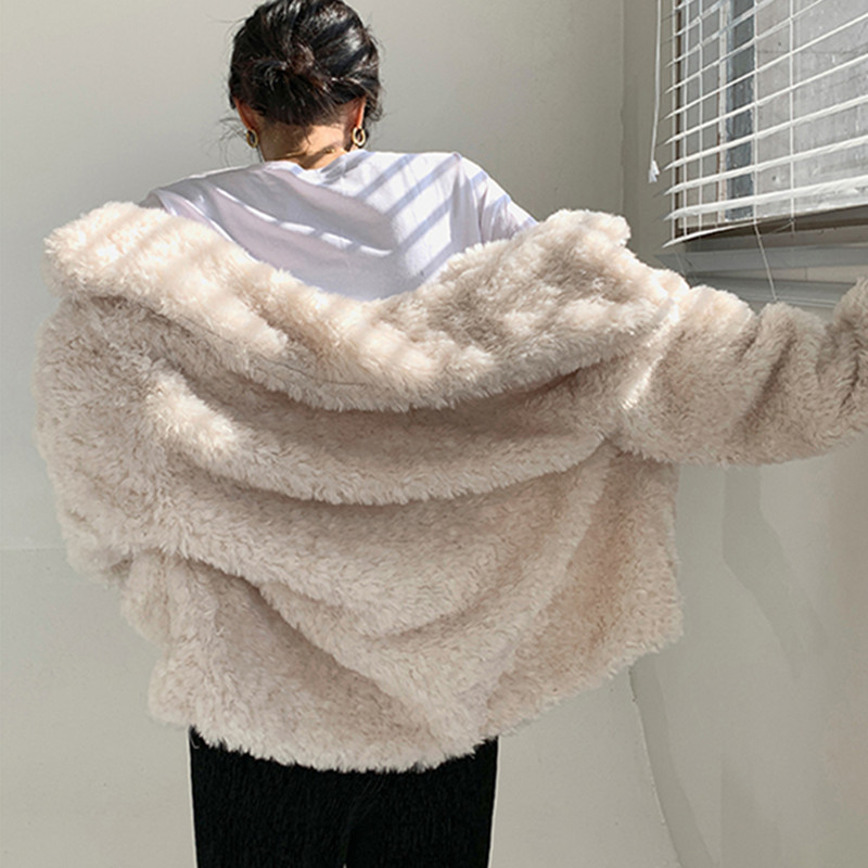Autumn Winter OL Single-breasted Faux Rabbit Fur Jacket Women Outwear Solid Loose Lapel Thick Warm Plush Coat Female 210421