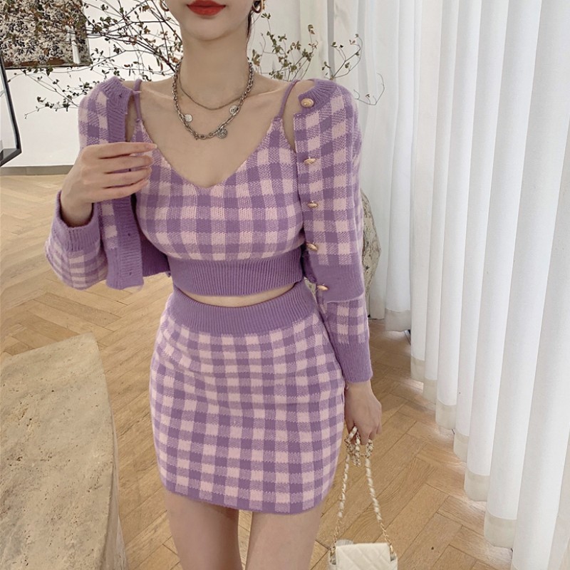 3 Piece Set Women's Sweet Plaid O-Neck Single-Breasted Long-Sleeved Sweater Coat + Sexy Short Crop Top Mini Skirt Suit 210519