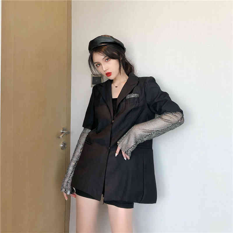 Runway Spring Summer Solid Blazer For Women Long Sleeve Diamond Patchwork Elegant Coat Female Fashion Clothing 210506