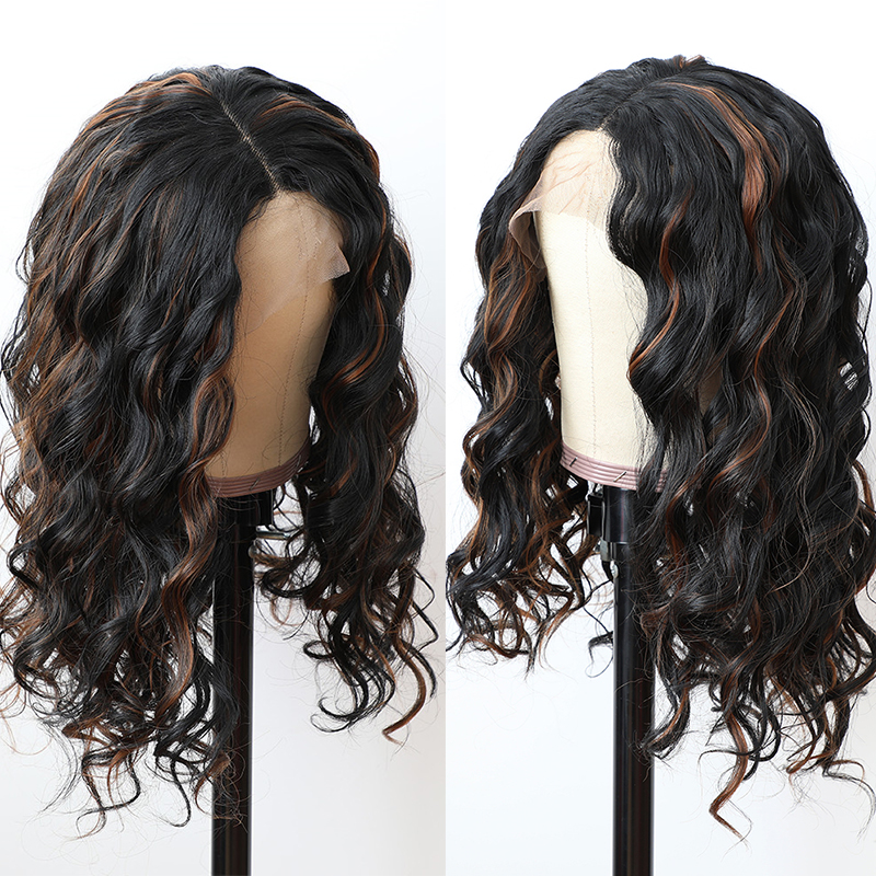 Long Ombre Highlight Color Synthetic Lace Front Wig for Women Blonde Curly Wigs Side Part Heat Resistant Natural Hairline Like Human Hair Deep Wave Party