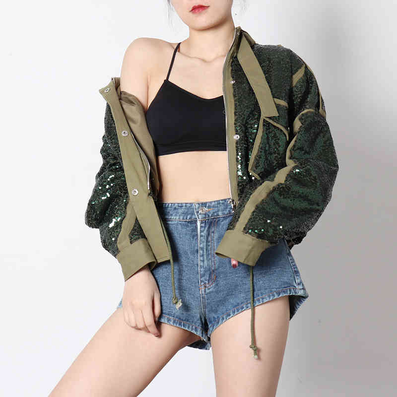 VGH Splicing Sequined Jacket For Women Turtleneck Long Sleeve Streetwear Casual Jackets Female Fashion New Clothing Style 210421